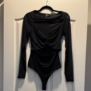 AFRM Black Mesh Celia Sweetheart Long Sleeve Front Cutout Bodysuit